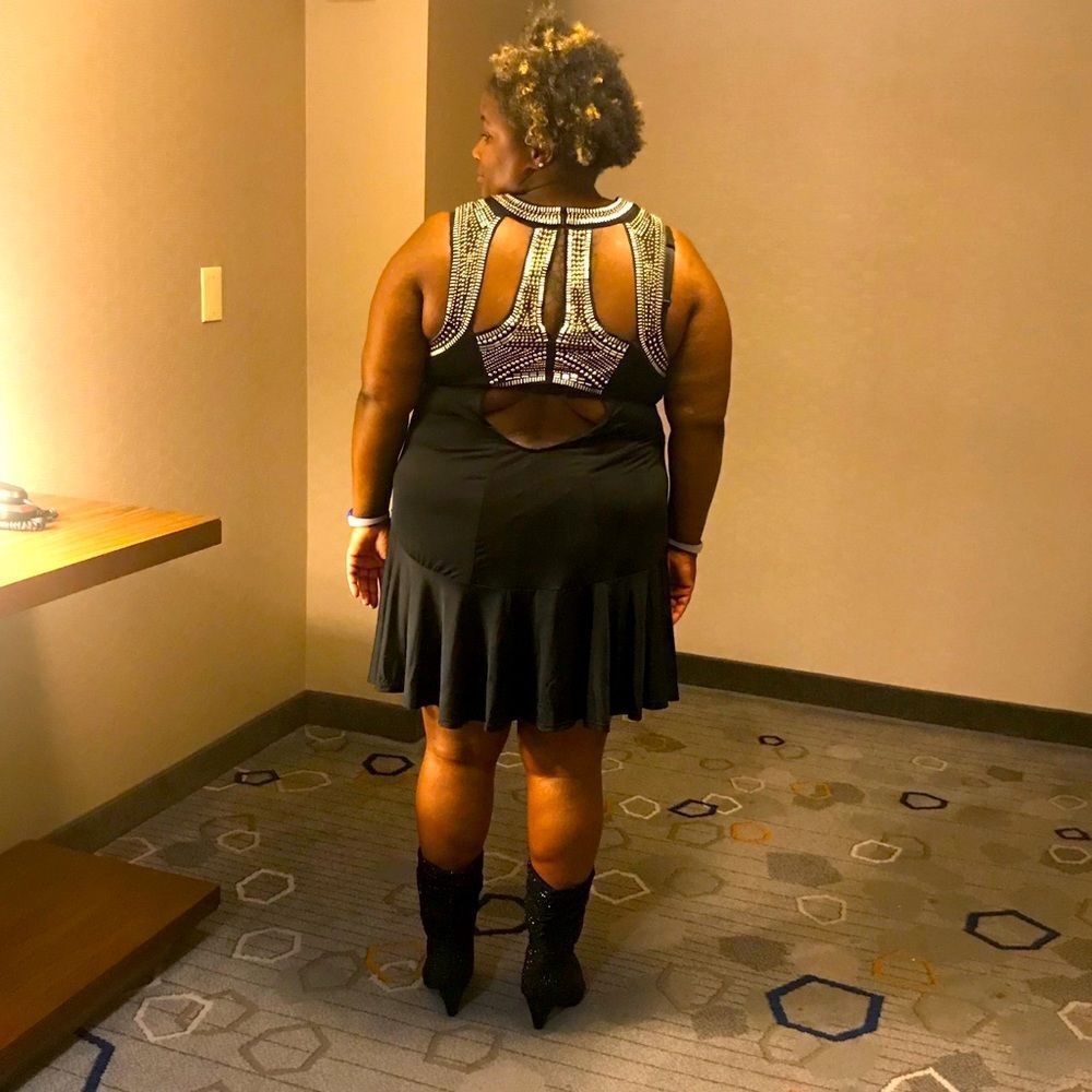 plus size Silver and gold studded little black dress